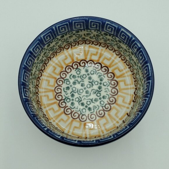 Polish Pottery Small Grecian Sea Bowl Ramekin Trinket Dish Blue Scrolls Bowl - Picture 3 of 7